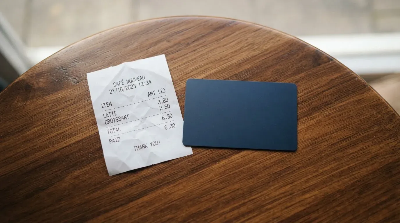 A receipt and a card on a café table