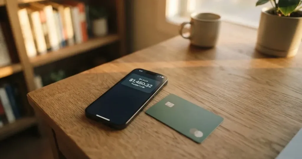 A payment card next to a phone with a crypto wallet app open