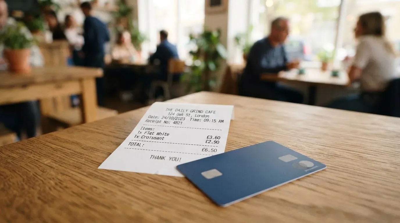 A receipt and a card on a café table