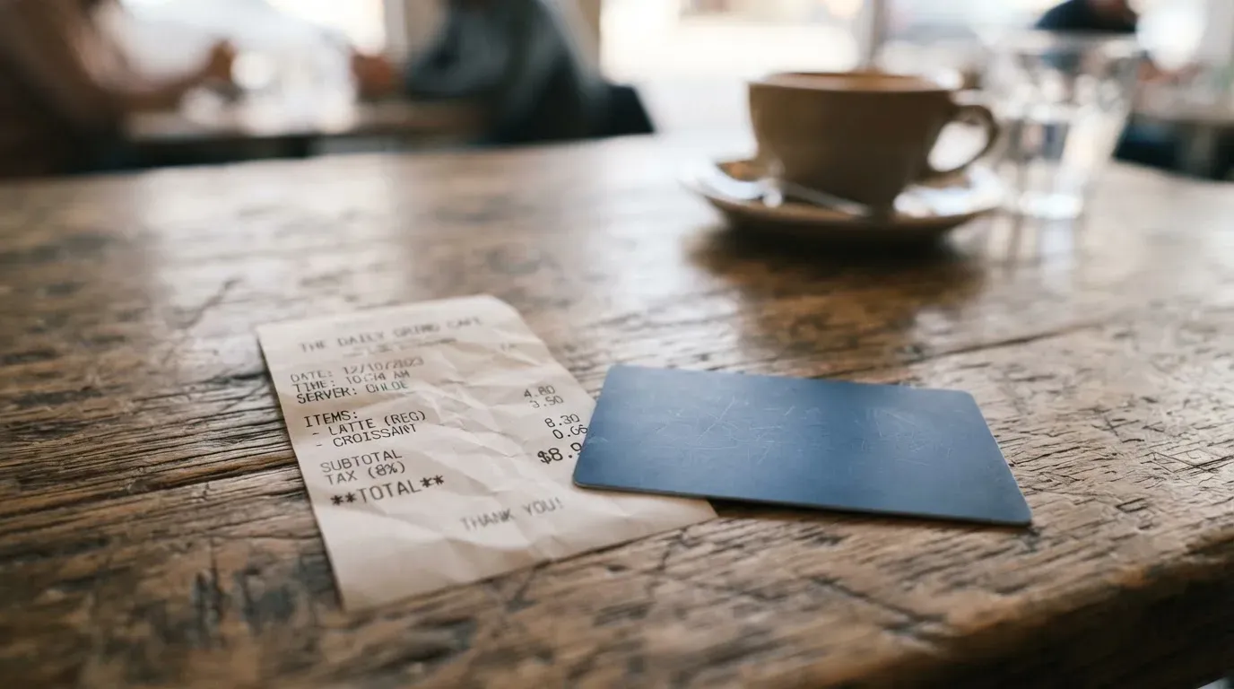 A receipt and a card on a café table