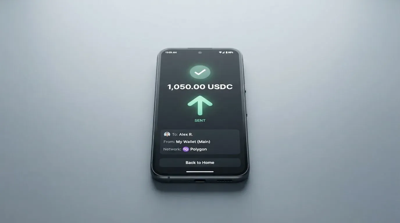 A phone showing a stablecoin transfer screen