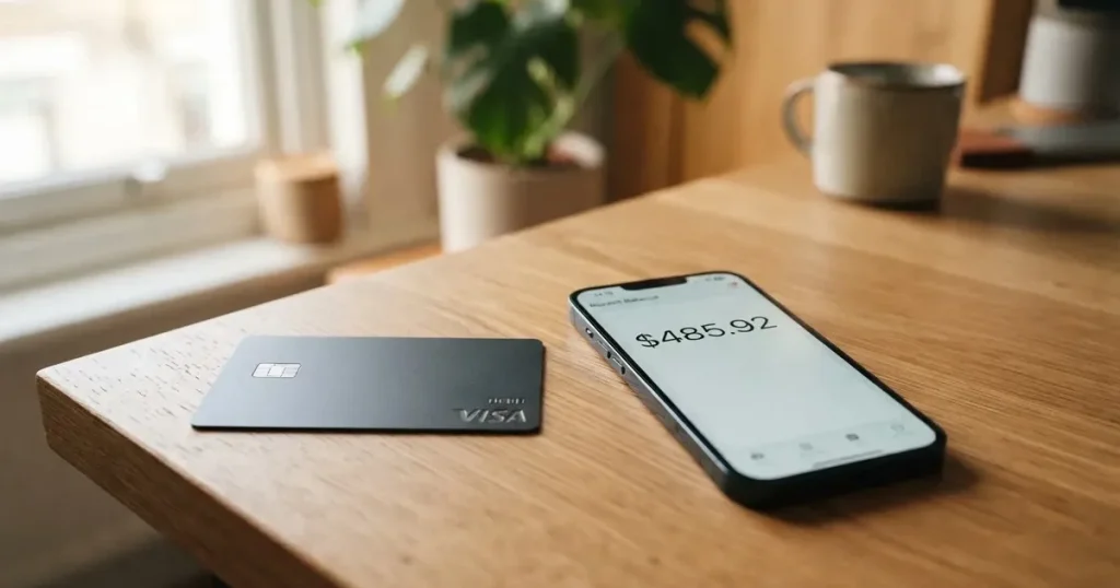A payment card next to a phone with a crypto wallet app open