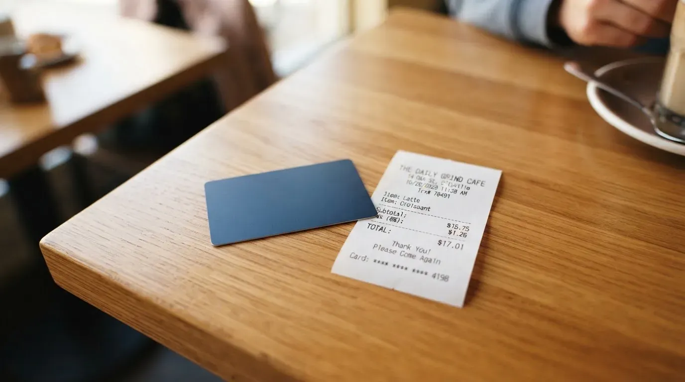 A receipt and a card on a café table