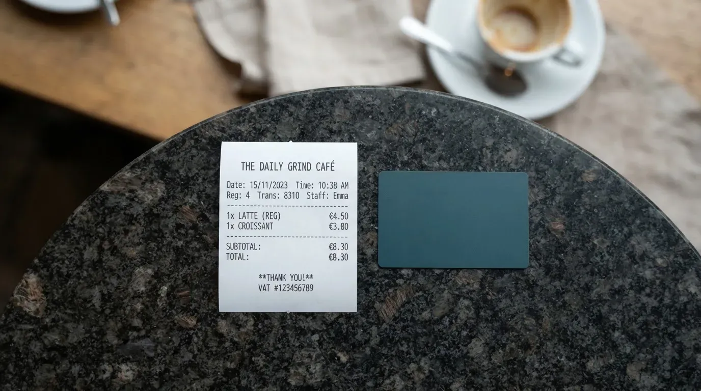 A receipt and a card on a café table