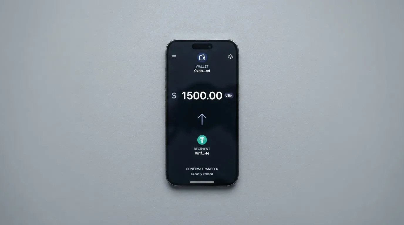 A phone showing a stablecoin transfer screen