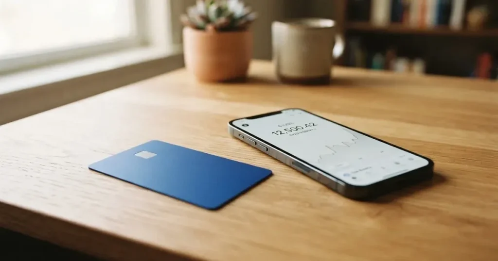 A payment card next to a phone with a crypto wallet app open