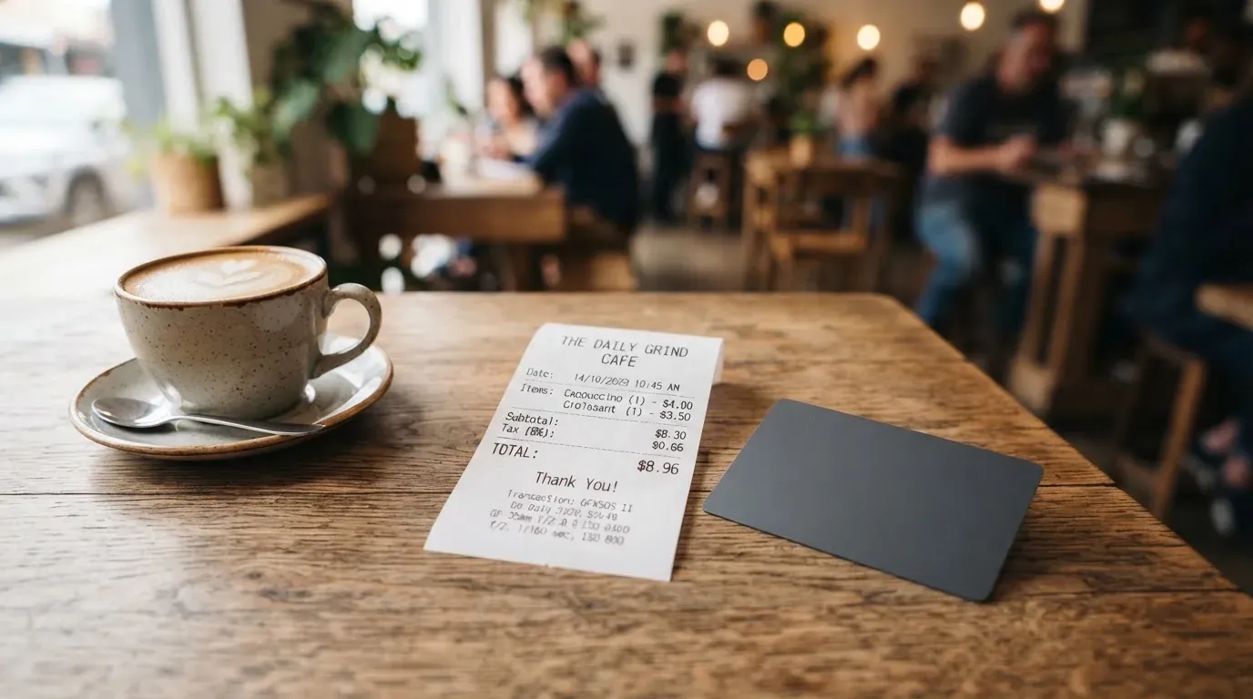 A receipt and a card on a café table