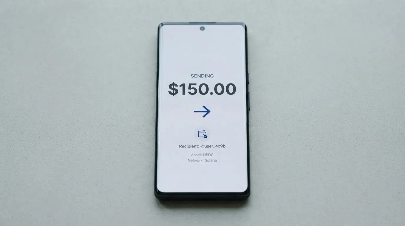 A phone showing a stablecoin transfer screen