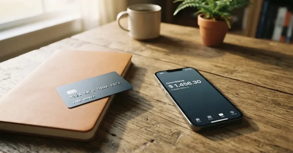 A payment card next to a phone with a crypto wallet app open