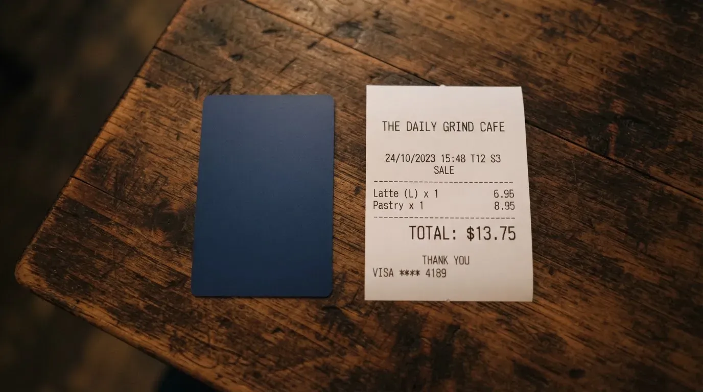 A receipt and a card on a café table
