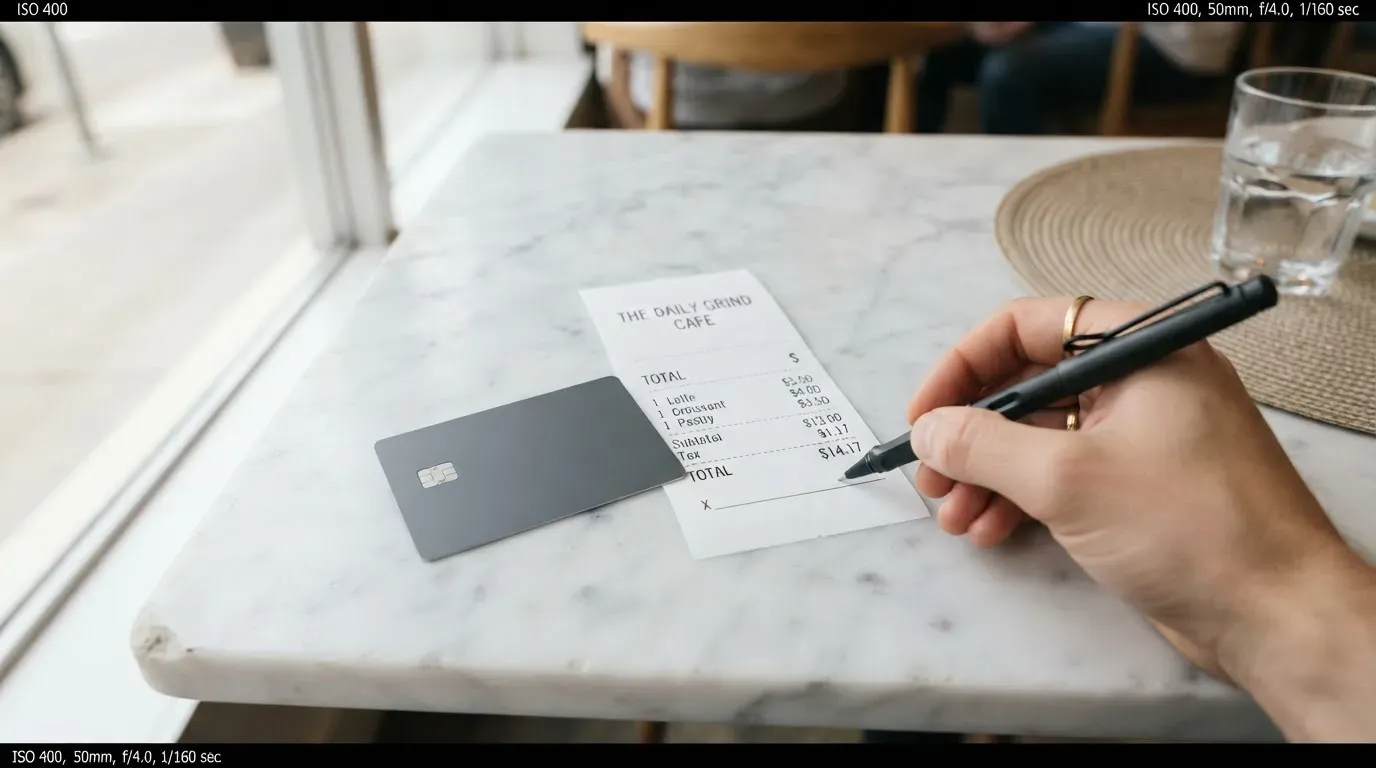 A receipt and a card on a café table