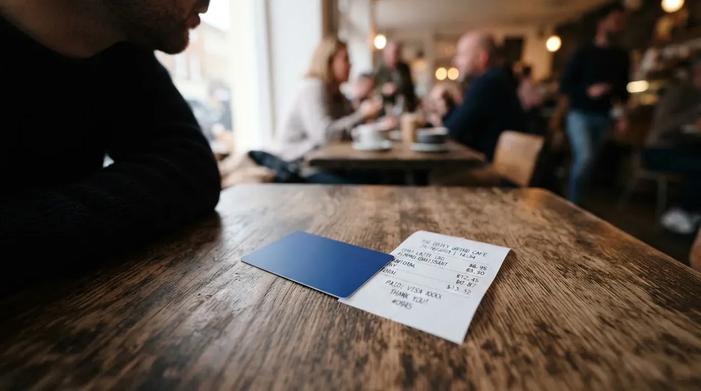 A receipt and a card on a café table