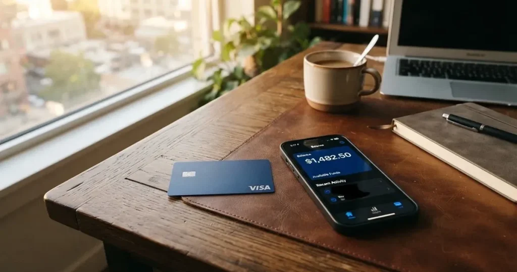A payment card next to a phone with a crypto wallet app open