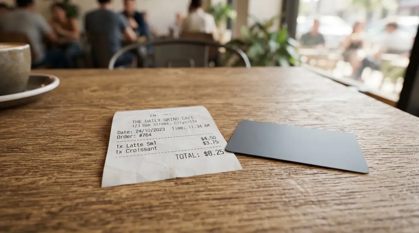A receipt and a card on a café table