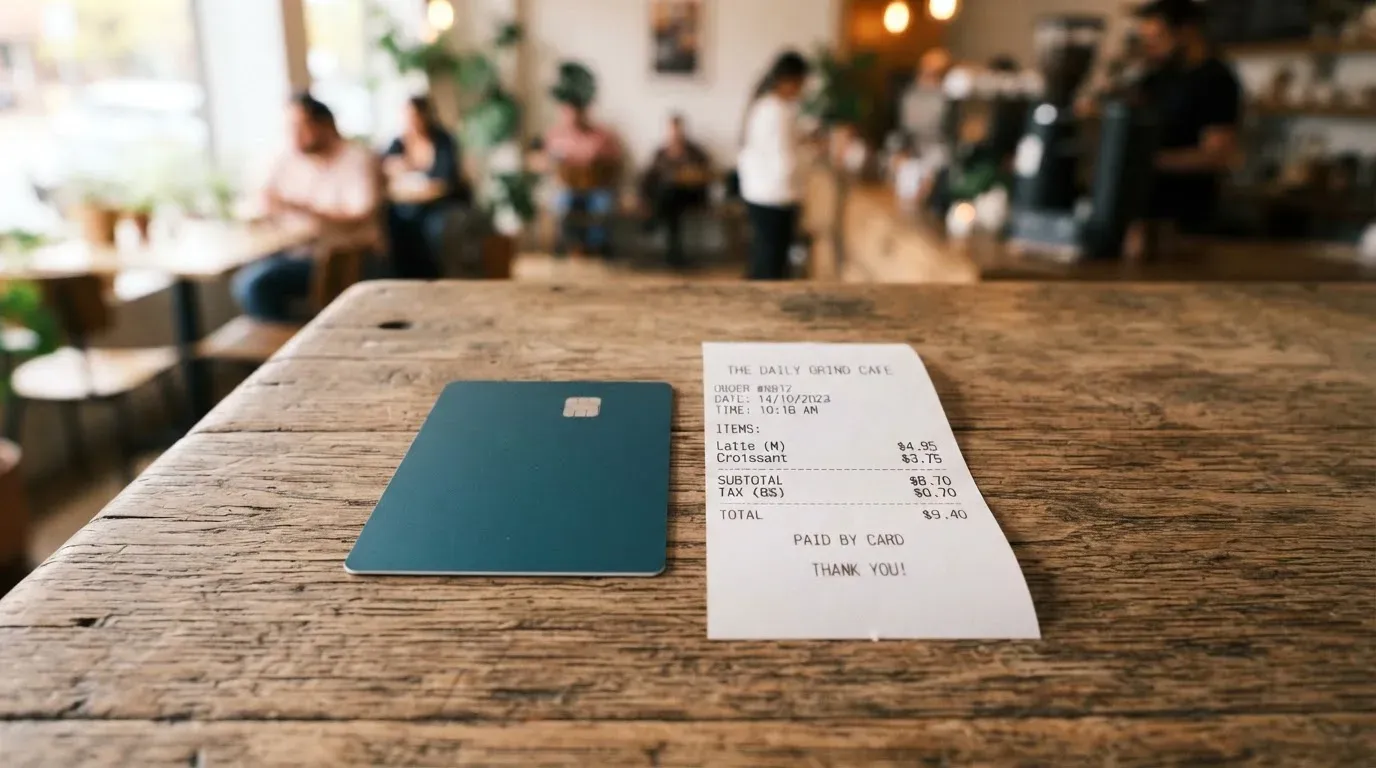 A receipt and a card on a café table