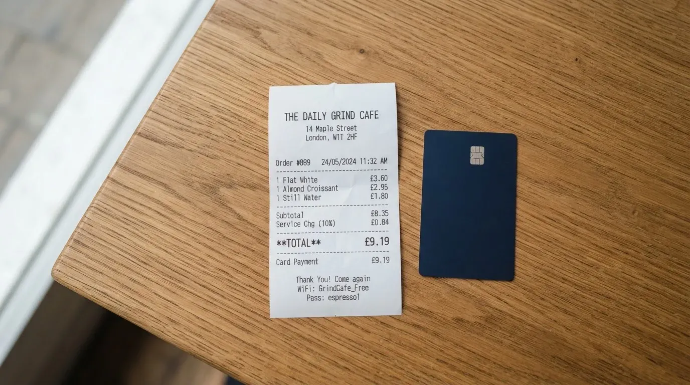 A receipt and a card on a café table