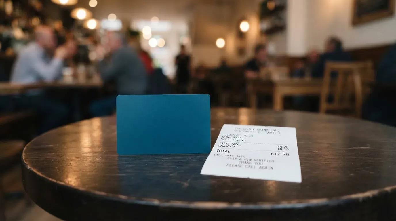 A receipt and a card on a café table