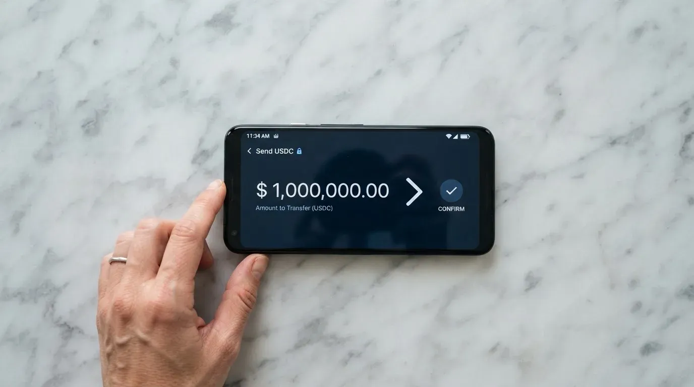 A phone showing a stablecoin transfer screen