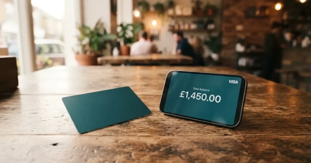 A payment card next to a phone with a crypto wallet app open