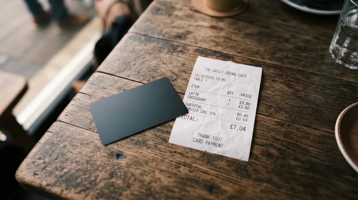 A receipt and a card on a café table