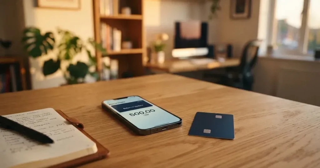 A payment card next to a phone with a crypto wallet app open