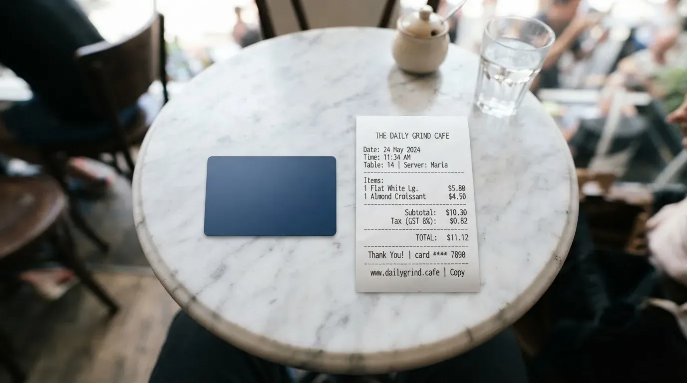 A receipt and a card on a café table