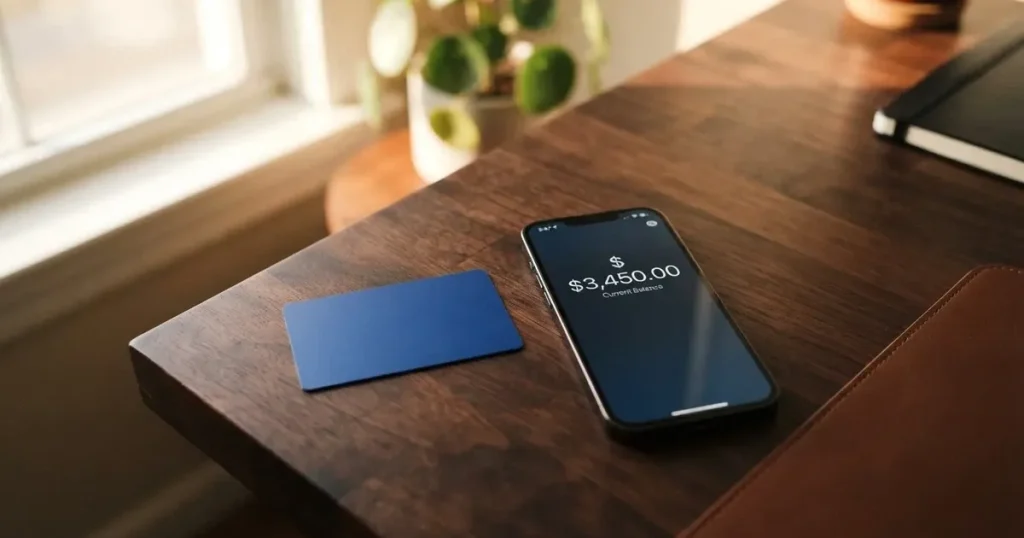 A payment card next to a phone with a crypto wallet app open