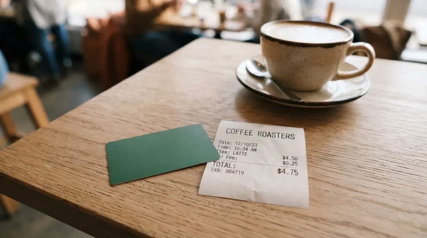 A receipt and a card on a café table