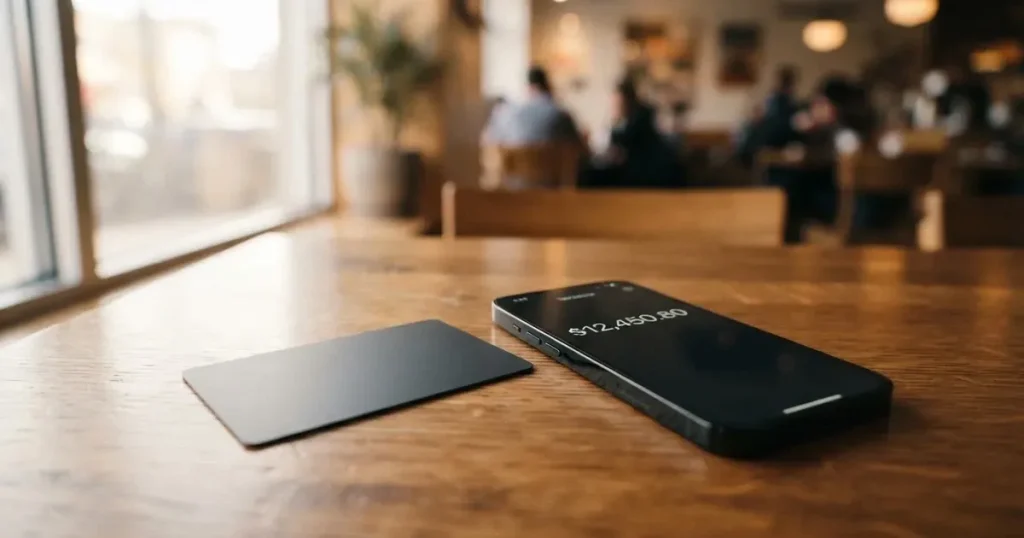 A payment card next to a phone with a crypto wallet app open