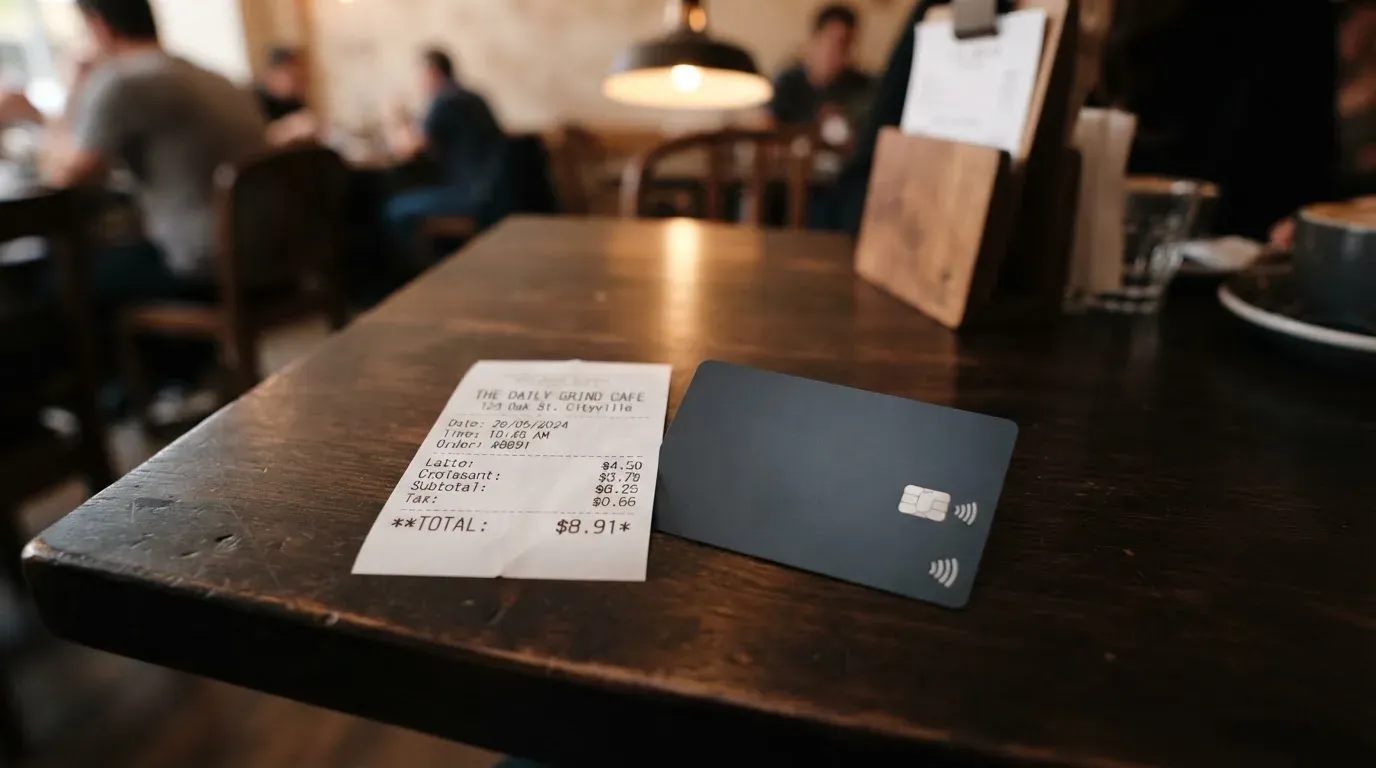 A receipt and a card on a café table