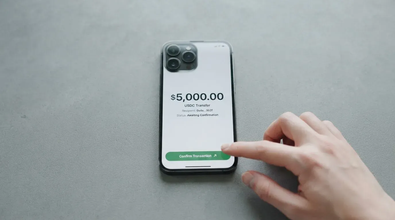 A phone showing a stablecoin transfer screen