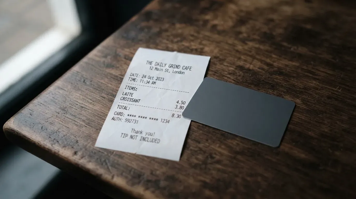 A receipt and a card on a café table