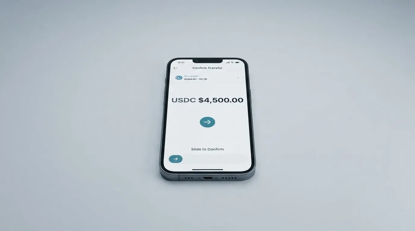 A phone showing a stablecoin transfer screen