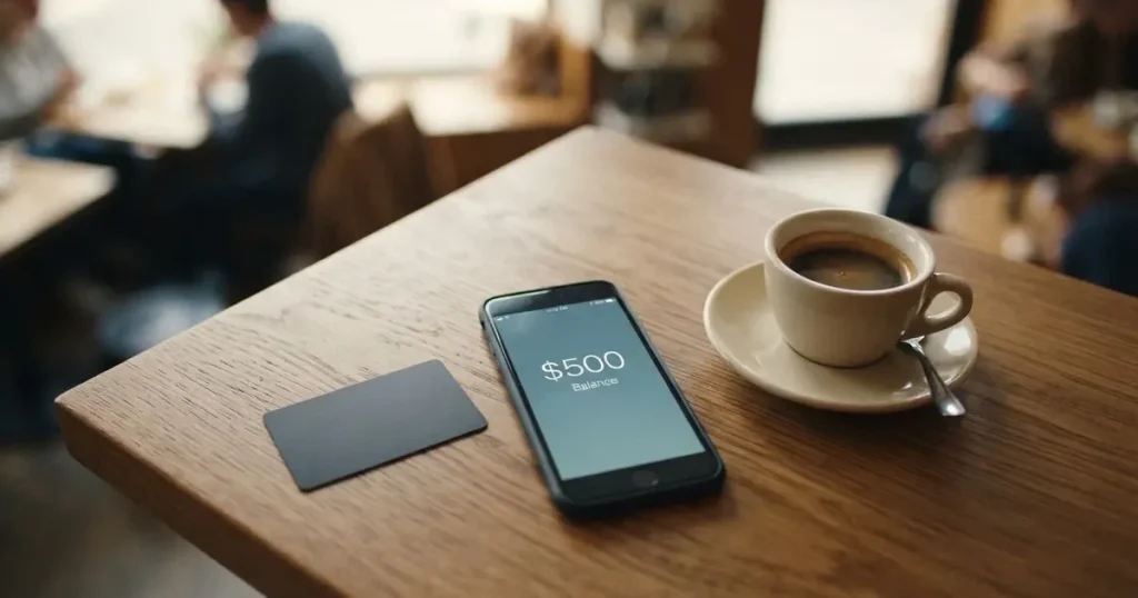 A payment card next to a phone with a crypto wallet app open