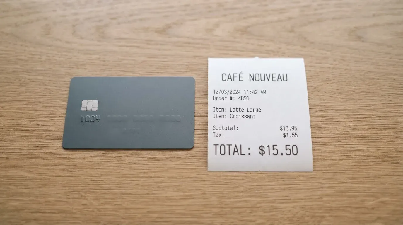 A receipt and a card on a café table